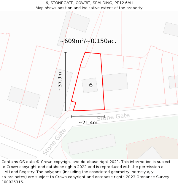 6, STONEGATE, COWBIT, SPALDING, PE12 6AH: Plot and title map