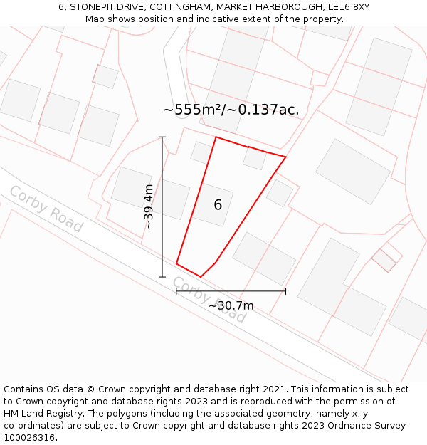 6, STONEPIT DRIVE, COTTINGHAM, MARKET HARBOROUGH, LE16 8XY: Plot and title map