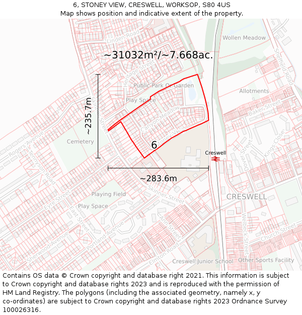 6, STONEY VIEW, CRESWELL, WORKSOP, S80 4US: Plot and title map