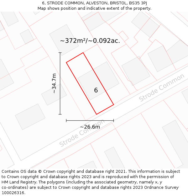 6, STRODE COMMON, ALVESTON, BRISTOL, BS35 3PJ: Plot and title map