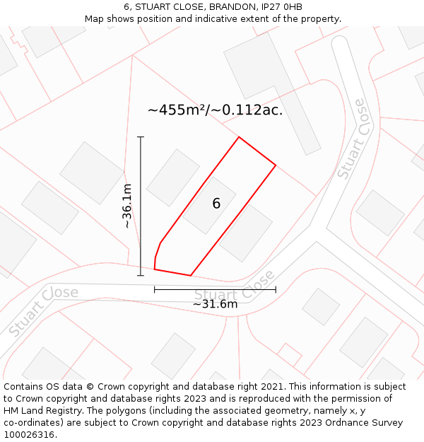 6, STUART CLOSE, BRANDON, IP27 0HB: Plot and title map