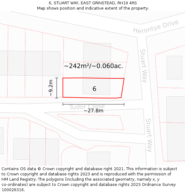 6, STUART WAY, EAST GRINSTEAD, RH19 4RS: Plot and title map