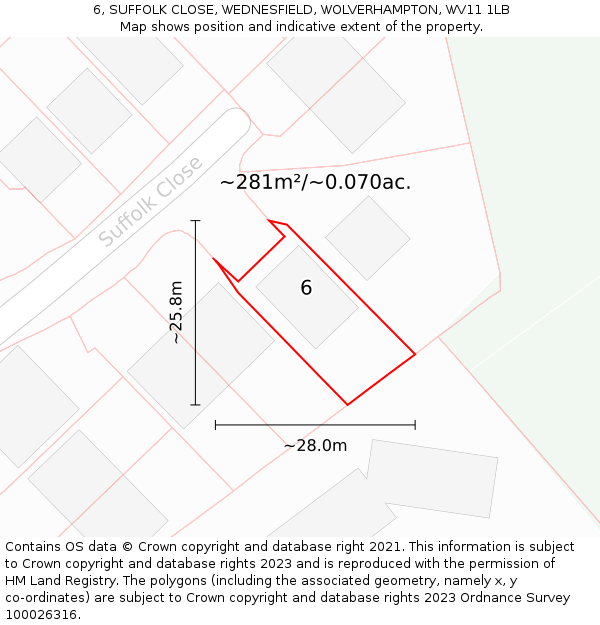 6, SUFFOLK CLOSE, WEDNESFIELD, WOLVERHAMPTON, WV11 1LB: Plot and title map