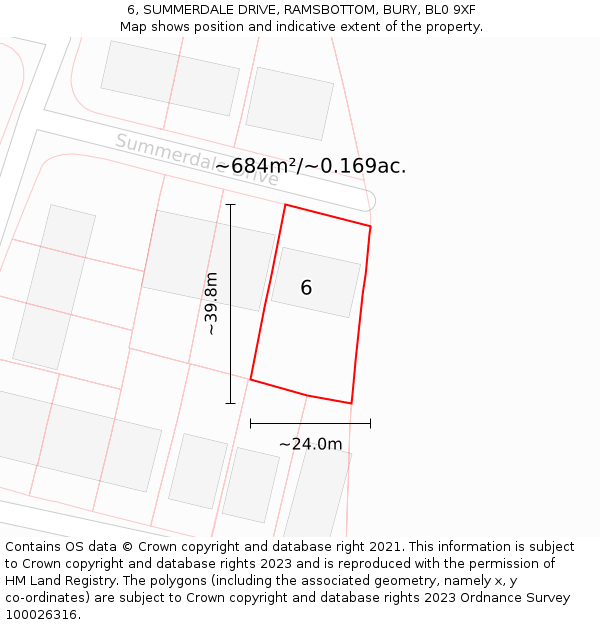 6, SUMMERDALE DRIVE, RAMSBOTTOM, BURY, BL0 9XF: Plot and title map