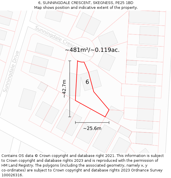 6, SUNNINGDALE CRESCENT, SKEGNESS, PE25 1BD: Plot and title map