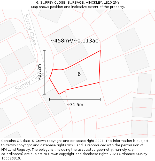 6, SURREY CLOSE, BURBAGE, HINCKLEY, LE10 2NY: Plot and title map