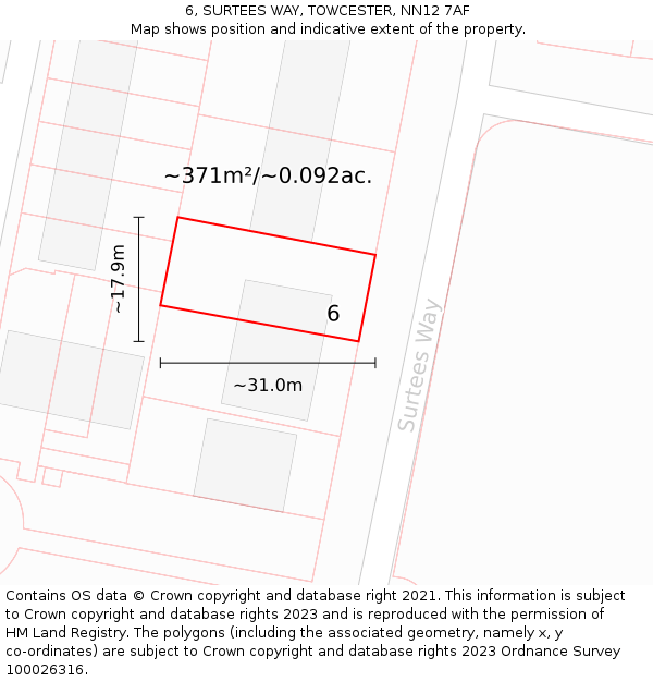 6, SURTEES WAY, TOWCESTER, NN12 7AF: Plot and title map
