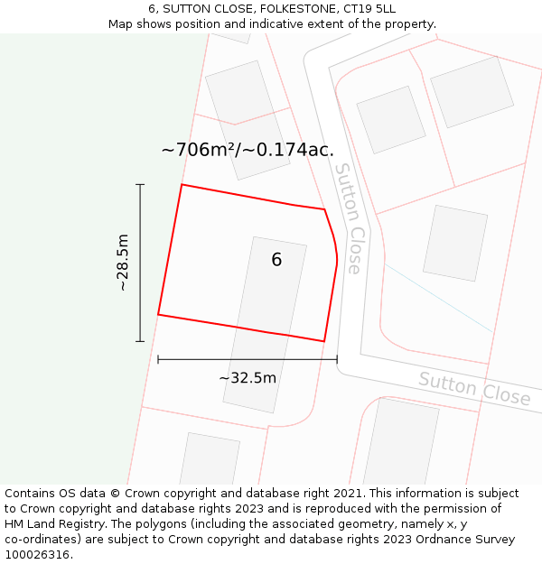 6, SUTTON CLOSE, FOLKESTONE, CT19 5LL: Plot and title map
