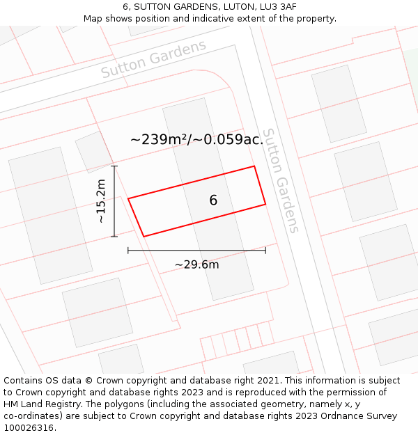 6, SUTTON GARDENS, LUTON, LU3 3AF: Plot and title map