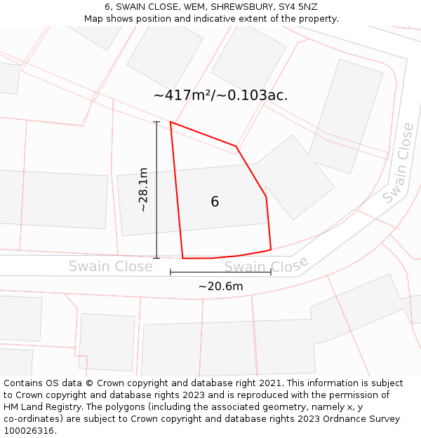 6, SWAIN CLOSE, WEM, SHREWSBURY, SY4 5NZ: Plot and title map