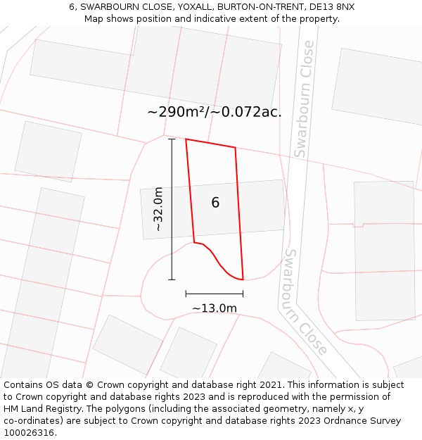 6, SWARBOURN CLOSE, YOXALL, BURTON-ON-TRENT, DE13 8NX: Plot and title map