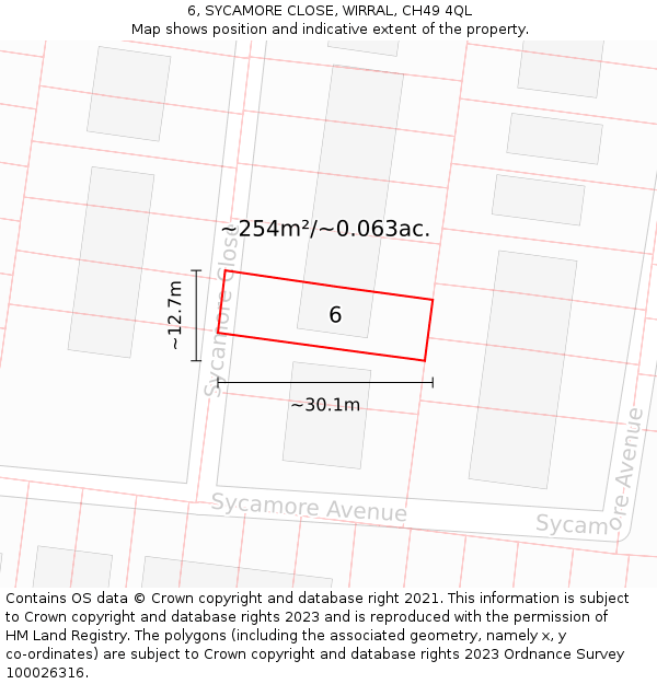 6, SYCAMORE CLOSE, WIRRAL, CH49 4QL: Plot and title map