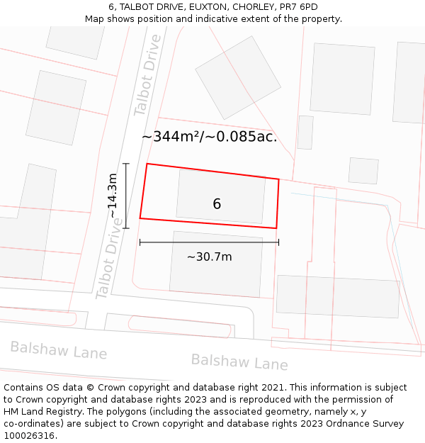 6, TALBOT DRIVE, EUXTON, CHORLEY, PR7 6PD: Plot and title map