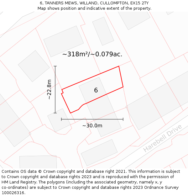6, TANNERS MEWS, WILLAND, CULLOMPTON, EX15 2TY: Plot and title map