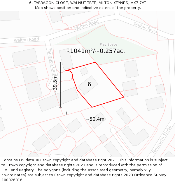 6, TARRAGON CLOSE, WALNUT TREE, MILTON KEYNES, MK7 7AT: Plot and title map