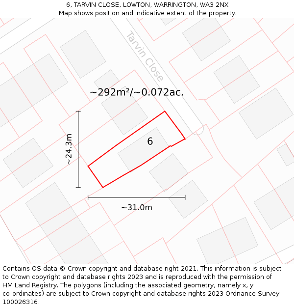 6, TARVIN CLOSE, LOWTON, WARRINGTON, WA3 2NX: Plot and title map