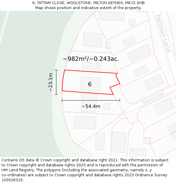 6, TATTAM CLOSE, WOOLSTONE, MILTON KEYNES, MK15 0HB: Plot and title map