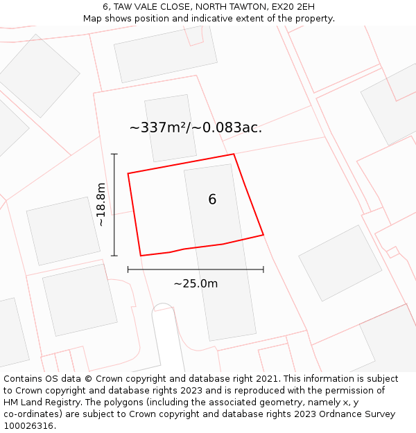 6, TAW VALE CLOSE, NORTH TAWTON, EX20 2EH: Plot and title map
