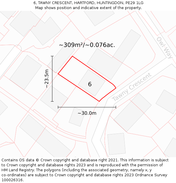 6, TAWNY CRESCENT, HARTFORD, HUNTINGDON, PE29 1LG: Plot and title map