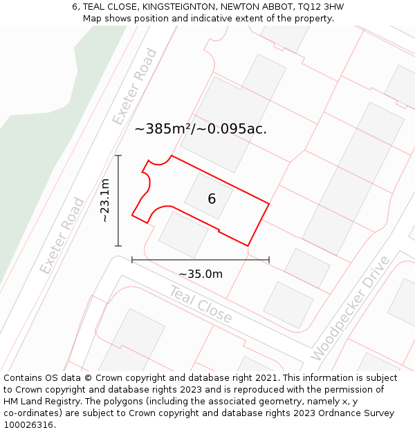6, TEAL CLOSE, KINGSTEIGNTON, NEWTON ABBOT, TQ12 3HW: Plot and title map