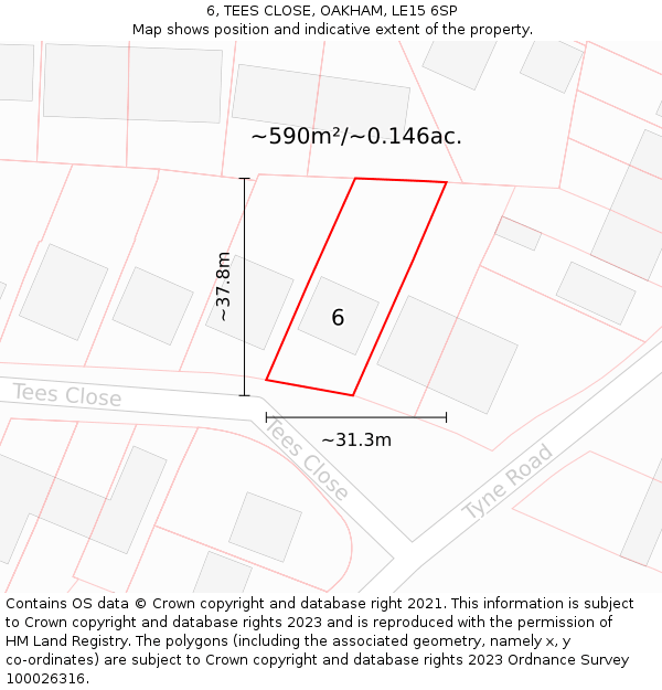 6, TEES CLOSE, OAKHAM, LE15 6SP: Plot and title map