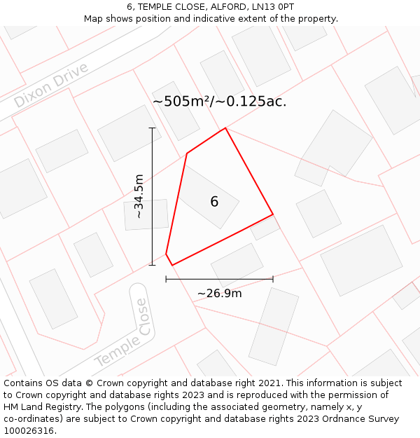 6, TEMPLE CLOSE, ALFORD, LN13 0PT: Plot and title map