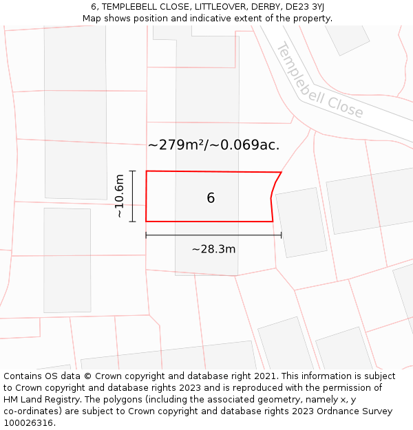 6, TEMPLEBELL CLOSE, LITTLEOVER, DERBY, DE23 3YJ: Plot and title map