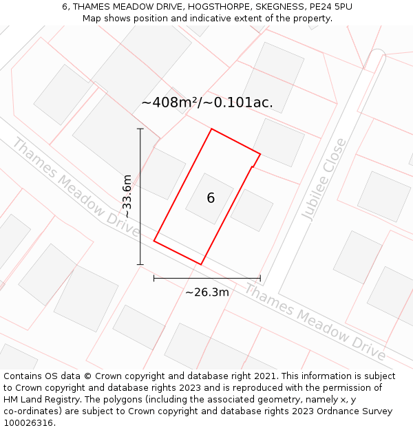6, THAMES MEADOW DRIVE, HOGSTHORPE, SKEGNESS, PE24 5PU: Plot and title map