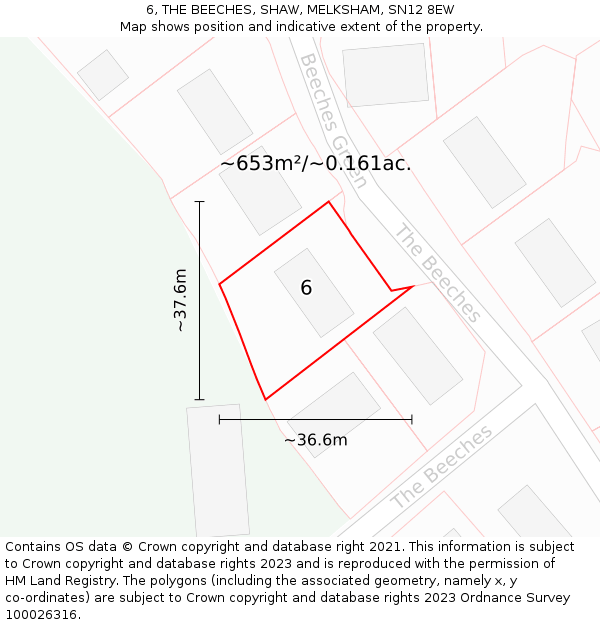 6, THE BEECHES, SHAW, MELKSHAM, SN12 8EW: Plot and title map
