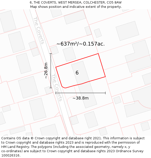 6, THE COVERTS, WEST MERSEA, COLCHESTER, CO5 8AW: Plot and title map