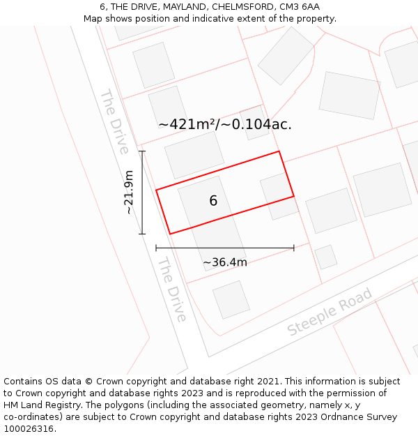6, THE DRIVE, MAYLAND, CHELMSFORD, CM3 6AA: Plot and title map