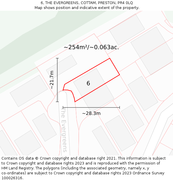 6, THE EVERGREENS, COTTAM, PRESTON, PR4 0LQ: Plot and title map