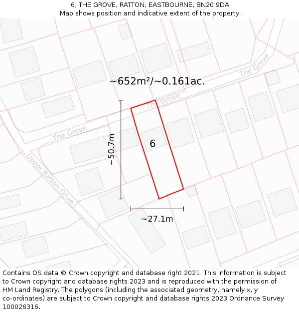 6, THE GROVE, RATTON, EASTBOURNE, BN20 9DA: Plot and title map