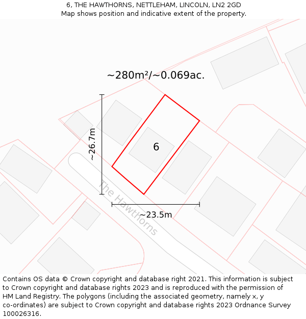 6, THE HAWTHORNS, NETTLEHAM, LINCOLN, LN2 2GD: Plot and title map