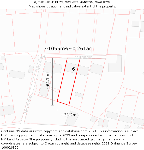 6, THE HIGHFIELDS, WOLVERHAMPTON, WV6 8DW: Plot and title map