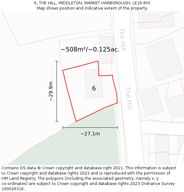 6, THE HILL, MIDDLETON, MARKET HARBOROUGH, LE16 8YX: Plot and title map