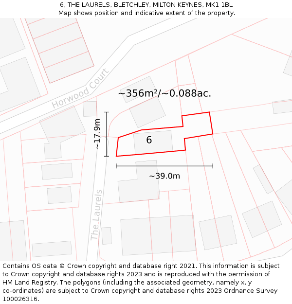 6, THE LAURELS, BLETCHLEY, MILTON KEYNES, MK1 1BL: Plot and title map
