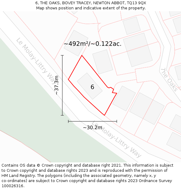 6, THE OAKS, BOVEY TRACEY, NEWTON ABBOT, TQ13 9QX: Plot and title map