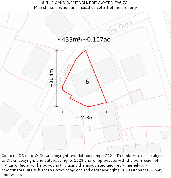 6, THE OAKS, WEMBDON, BRIDGWATER, TA6 7QL: Plot and title map