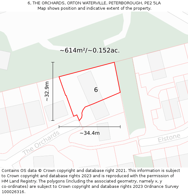 6, THE ORCHARDS, ORTON WATERVILLE, PETERBOROUGH, PE2 5LA: Plot and title map