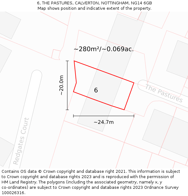 6, THE PASTURES, CALVERTON, NOTTINGHAM, NG14 6GB: Plot and title map