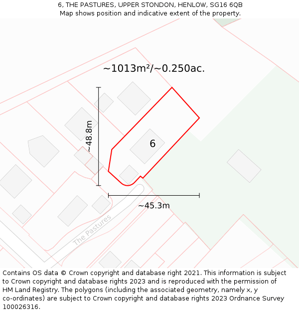 6, THE PASTURES, UPPER STONDON, HENLOW, SG16 6QB: Plot and title map