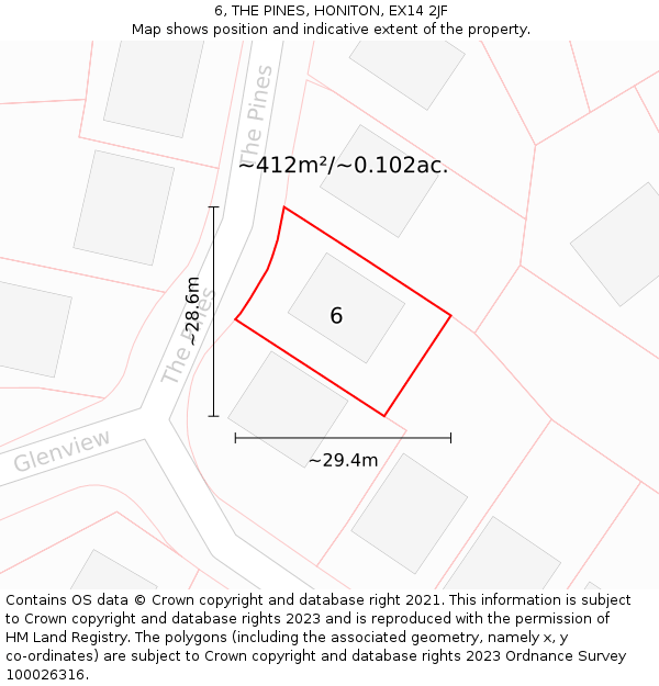 6, THE PINES, HONITON, EX14 2JF: Plot and title map