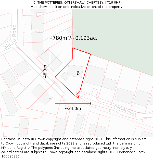 6, THE POTTERIES, OTTERSHAW, CHERTSEY, KT16 0HF: Plot and title map