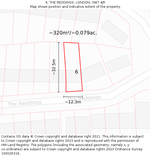 6, THE REDDINGS, LONDON, NW7 4JR: Plot and title map