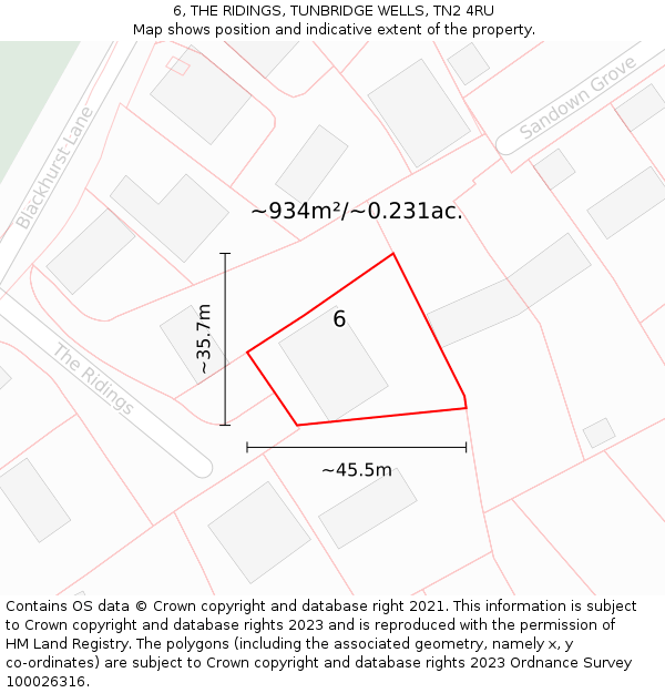 6, THE RIDINGS, TUNBRIDGE WELLS, TN2 4RU: Plot and title map