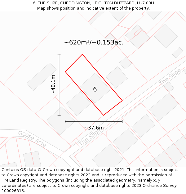 6, THE SLIPE, CHEDDINGTON, LEIGHTON BUZZARD, LU7 0RH: Plot and title map