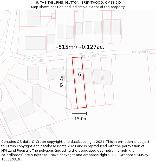 6, THE TYBURNS, HUTTON, BRENTWOOD, CM13 2JD: Plot and title map