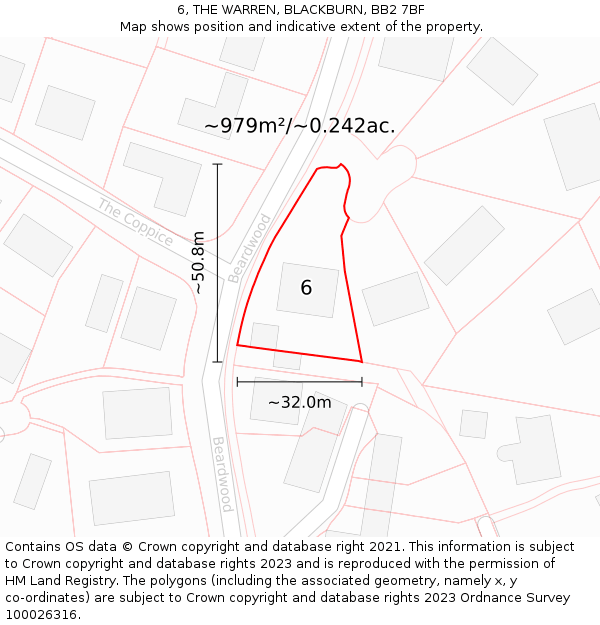 6, THE WARREN, BLACKBURN, BB2 7BF: Plot and title map