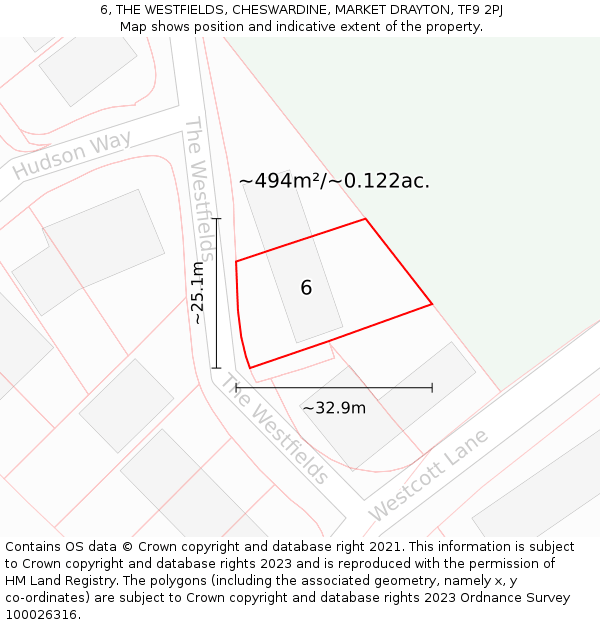6, THE WESTFIELDS, CHESWARDINE, MARKET DRAYTON, TF9 2PJ: Plot and title map